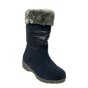 Lands' End Wide Width Faux Fur Topped Boots Pull-on Navy 7.5D